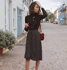 Black And White Polka Dot Skirt Outfit Ideas Black Turtleneck Polka Dot Midi Skirt Women S Fashion Outfit Ideas Black Fashion Ideas Black A Line Skirt Spring Fashion Outfits Professional Outfits