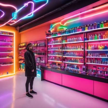 Customer standing in a neon-lit modern vape shop looking at shelves of e-liquids and vape devices - VapeFeat buying guide