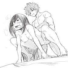 1boy 1boy1girl 1girls ahe gao dripping female frog pose from  below izuku midoriya legs apart line art long hair male malefemale  midotsuyu muscular my hero academia nightlykrumbs nude nude