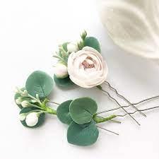 Set Of 3 Flower Hair Pins Eucalyptus Hair Piece Blush Hair Etsy In 2020 Flower Hair Pin Bridesmaid Hair Accessories Flowers In Hair