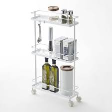 This rolling microwave cart features a chromed steel both the pull out second shelf and the lower shelf are adjustable in one inch increments to meet your storage needs. Yamazaki Home Official Site Slim Kitchen Storage Cart