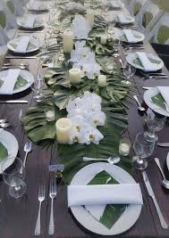 Tropical Themed Table Set Up With Classy Combination Of Greens And White By Cherished In Wedding Party Table Setting Wedding Party Table Tropical Wedding Theme