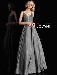 Dark Grey Embellished Bodice Open Back Jovani Gown 65855