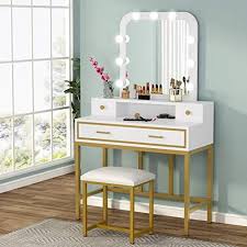 With a light dressing table, and the light is white 2. Rustic Brown Tribesigns Vanity Table With Lighted Mirror Vanity Dresser Desk For Women Girls Makeup Vanity Dressing Table With 8 Led Lights And 2 Drawers Furniture Home Kitchen Sailingschool Pl