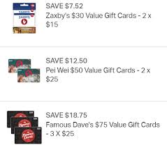 Simply buy discounted gift cards from gift card spread and tuck into some amazing barbeque, sides, desserts and other entrees at famous dave's. Sam S Club Save More On Gift Cards For Famous Dave S Potbelly Zaxby S Pei Wei Gc Galore