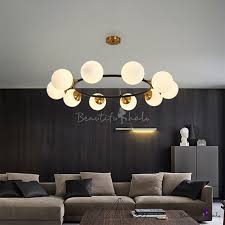 Opal Glass Ball Chandelier Lighting With Metal Ring Mid Century Hanging Light In Brass Takeluckhome Com