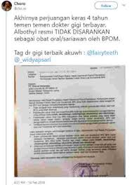 Penggunaan secara orak saja konsentratnya sudah pekat, apalagi untuk . Albothyl Dinyatakan Bahaya Oleh Bpom Ini Tanggapan Dokter