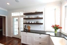 Knotty Alder Floating Shelves With Full Wall Of Subway Tile Behind Transitional Kitchen Other By Denise Quade Design