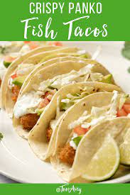 Bread the fish by first coating the exterior in the flour mixture, followed by the egg before finishing in the panko bread crumbs. Crispy Panko Fish Tacos Beer Battered Panko Taco Recipe Easy Soup Recipes Fish Tacos Healthy Soup Recipes