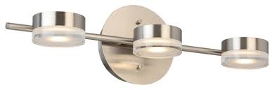 This led vanity light from the dunwynn collection is styled in a brilliant chrome finish with seeded glass. Crashville 3 Light Led Bath Vanity Brushed Nickel Frosted Clear Acrylic Shade Transitional Bathroom Vanity Lighting By Eglo Usa Houzz
