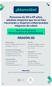 Tan solo este martes se aplicaron 40 mil 820 vacunas en más de treinta municipios. Secretaria De Salud Jalisco On Twitter A Partir De Este Lunes 14 De Junio Iniciamos La Jornada De Vacunacion Para Personas De 40 A 49 Anos Y Mujeres Embarazadas Con 18 Anos