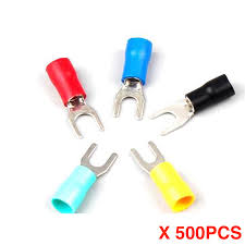 Electrical crimp connectors come in dozens of different materials and styles: 100pcs Sv1 25 3 Insulated Fork Spade Wire Connector Electrical Crimp Terminal 22 16awg U Type Red Spade Tools Home Improvement Rayvoltbike Com