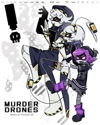 zillyooze, n (murder drones), uzi (murder drones), v (murder drones), murder  drones, black footwear, commentary, english commentary, highres, 1boy,  2girls, :p, artist name, black hoodie, black jacket, black thighhighs,  english text, fang,