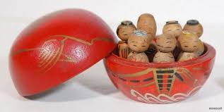 1950 S Japanese Kokeshi Doll Tiny Seven Lucky Gods In Red Cup Kokeshi Dolls Kokeshi Momiji Doll