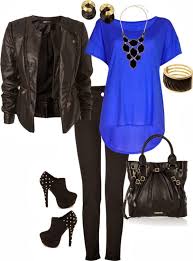 Black And Blue Outfits For Women Outfit Black Leather Jacket Azure Chiffon Blouse Black Skinny Jeans Black Studded Ankle Boots Black Oversized Han Fashionista Trend Fashion Dressy Casual