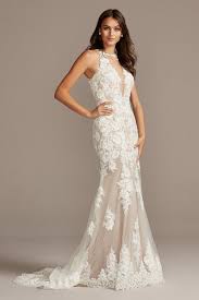 Galina Signature Romantic Long Fitted Floral Lace Appliqued Wedding Dress Style Swg843 Petite Wedding Dress Davids Bridal Wedding Dresses Halter Wedding Dress