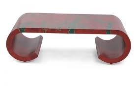 Lanimate scroll coffee table in the style of karl springer dimensions: Chinese Red And Green Bamboo Motif Scroll Cocktail Coffee Table