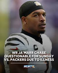 Bengals star wide receiver Ja'Marr Chase is questionable for Sunday vs. the  Packers due to illness. He was able to get through walkthrough Friday:  http://www.wlwt.com/article/bengals-jamarr-chase-questionable-sunday-packers-illness/69000622