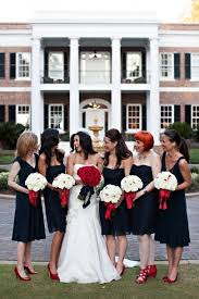 Varying Styles Of Navy Blue Dresses With Red Shoes As Accents White Bridesmaid Dresses Red Bouquet Bridesmaid