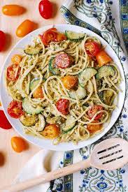 Parmesan Zucchini Tomato Chicken Spaghetti A Delicious Pasta Toss With Basil Pesto And Lots Of Grated Parmesan Cheese T Recipes Healthy Recipes Pasta Dishes