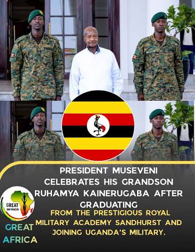 MUSEVENI CELEBRATES GRANDSON AFTER SANDHURST GRADUATION Ugandan 🇺🇬  President Yoweri Museveni has congratulated his grandson, Ruhamya  Kainerugaba, and fellow Ugandan officer cadet Andrew Bakyira Ruyondo after  their commissioning from the prestigious Royal