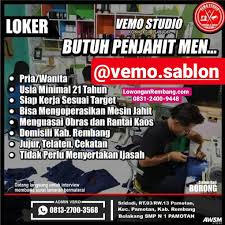 We did not find results for: Lowongan Kerja Penjahit Vemo Studio Konveksi Sablon Pamotan Tanpa Syarat Pendidikan Lowongan Rembang