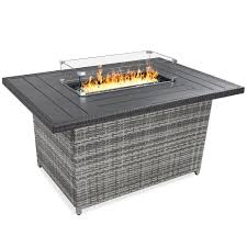 Add a sparkling clear glass wind guard to your fire sense gas fire pit to enhance safety and introduce a new, reflective dimension to the made from strong tempered glass, our wind guards allow the flame of your fire pit to burn steady and tall even in a breeze, without detracting from the. Best Choice Products 52in Outdoor Wicker Propane Fire Pit Table 50 000 Btu W Glass Wind Guard Tank Holder Cover Gray Walmart Com Walmart Com