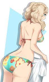 kurosususu, takamaki anne, persona, persona 5, highres, 1girl, ass, bikini,  blonde hair, blue eyes, floral print, from behind, halterneck, holding,  holding clothes, long hair, looking at viewer, looking back, shirt,  side