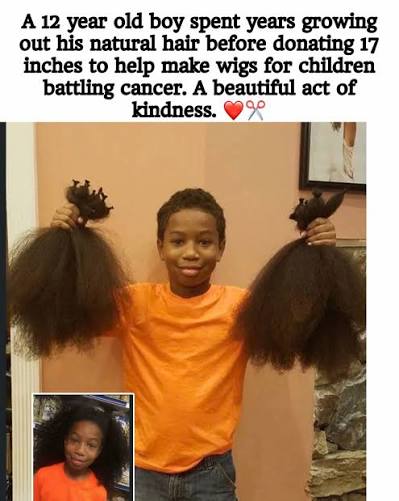 A 12 year old boy spent years growing out his natural hair before donating 17  inches to help make wigs for children battling cancer. A beautiful act of  kindness. ❤️✂️