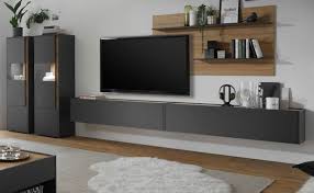 Moderne wohnwand modulsystem verleiht dem wohnzimmer. Wohnwand Wohnzimmer Schrankwand Modern In Grau Und Eiche 430 Cm 4 Teilig Center Kaufen Bei Hood De