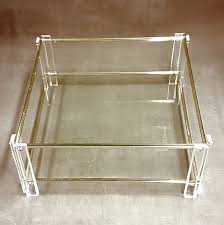 Set of luci̇te bench and coffe table. Square Lucite Gold 2 Tier Coffee Table With Glass Tops Italy 1970s 170528