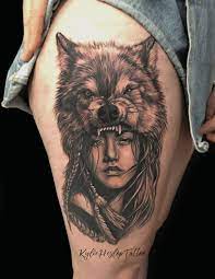 Native American Girl With Wolf Head Piece Tattoo Native American Wolf Tattoo Wolf Girl Tattoos Native American Headdress Tattoo