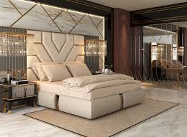 Bedstead And Nightstand With Gold Colored Metal Legs Mirror And Leather Decor Woiss Home