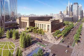 The high columns of 30th street station form a dramatic backdrop, and the pedestal bears the names of all 1,307 railroad employees who perished in the war. Philadelphia 30th Street Station District Plan Architect Magazine