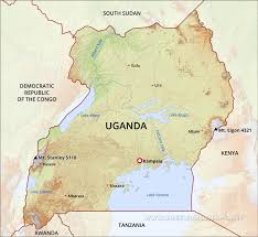 The map shows the country with international borders, provincial boundaries, the national capital kampala, regional capitals, district. Uganda Physical Map