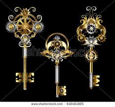Three Keys With Gears Of Gold Bronze And Steel On A Black Background Steampunk Style Jewelry Gold Keys In 2020 Steampunk Key Bronze Steampunk