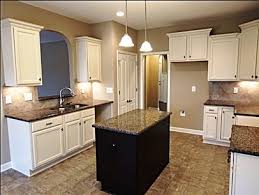 Love The Contrast Of This Island Bisque Cabinets And Java Island Modern Kitchen Modern Kitchen Accessories Modern Kitchen Design Modern Kitchen