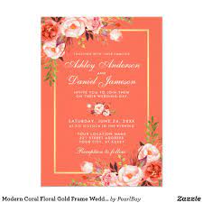 Modern Coral Floral Gold Frame Wedding Invitation Zazzle Com Fiesta