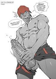 foreskin human jerking jerking off jerkingoff kinktober kinktober  2021 loose foreskin male male only masturbating masturbation penis pokemon  pokemon ss precum raihan (pokemon) soynutts speech bubble sweat sweating  text