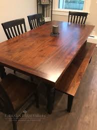 This dining set has turned legs to really give it that farmhouse feel. Custom Farmhouse Table Gorgeous Black Walnut Table Top And Bench Seat Painted Pine Base And Legs Cab Wood Dining Room Table Walnut Table Black Walnut Table