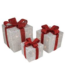 Get 5% in rewards with club o! Set Of 3 Silver Tinsel Lighted Gift Boxes With Red Bows Outdoor Christmas Decorations Overstock 23527986