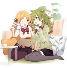fujishiro emyu, aki mabayu, tomoe mami, magia record: mahou shoujo madoka  magica gaiden, mahou shoujo madoka magica, commission, skeb commission,  2girls, blonde hair, bow, breasts, cup, feet, glass table, green hair, hair