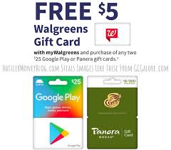 Gift cards available at walgreens. Expired Walgreens Buy 2x 25 Google Play Or Panera Bread Gift Cards Get 5 Walgreens Gift Card Free Gc Galore