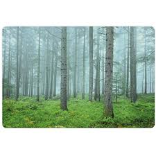 Forest Pet Mats For Food And Water By Lunarable Foggy Woodland Mystic Trees Foliage Autumn Morning Tranquil Landscape Rectang Dog Feeding Woodland Fern Green