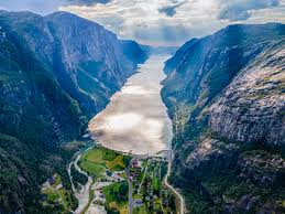 The fastest ferry normally takes 25 min. Norway Rogaland Lysebotn Aerial View Of Coastal Village At End Of Lysefjord Stockphoto
