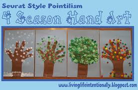 4 Season Hand Art Seurat Pointilism Preschool Season Homeschool Art Seasons Activities Seasons Preschool Preschool Art