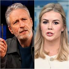 YOUR BRAIN MISSED MAKEUP' it was a public disintegration on live  television. A single, perfectly-timed joke from Jon Stewart caused his  guest, Karoline Leavitt, to spiral out of control on his highly-anticipated