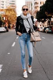 Blonde Woman Wearing Club Monaco Black Leather Jacket Grey Scarf Denim Skinny Jeans Golden Goose Sneakers Fashion Jackson Leather Jacket Outfits Spring Outfits