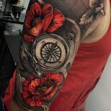 Compass Sleeve Tattoo With Poppies In Illustrative Realism Bestsleevetattoos Sleeve Tattoos Full Sleeve Tattoos Black Sleeve Tattoo
