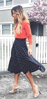 Black And White Polka Dot Skirt Outfit Fall Outfits Women S Orange Long Sleeve Top And Black Polka Dotted Skirt With White Platform Polka Dot Skirt Outfit Orange Skirt Outfit Floral Skirt Outfits